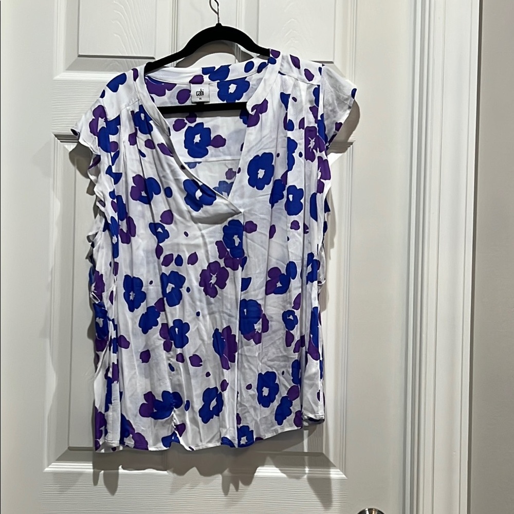 CAbi White and Blue Ruffled Blouse